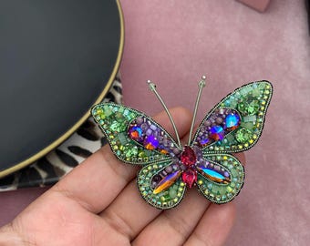 Handmade Beaded Crystal Butterfly Brooch, Embroidered Moth Pin