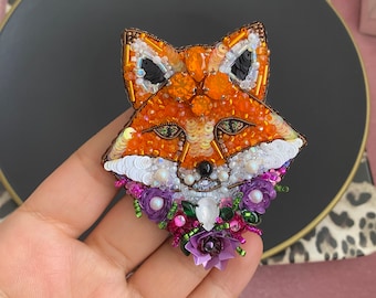 Handmade Brooch, Animal Face Portrait, Red Fox Brooch, Beaded Jewelry, Red Fox Jewellry, Craftmanship Brooch, Fox Accessory
