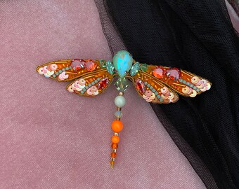 Handmade Dragonfly Brooch, Orange Fly Insect, Embroidered Lapel Pin, Gift For Mom , Design Colorful, Beaded Brooch