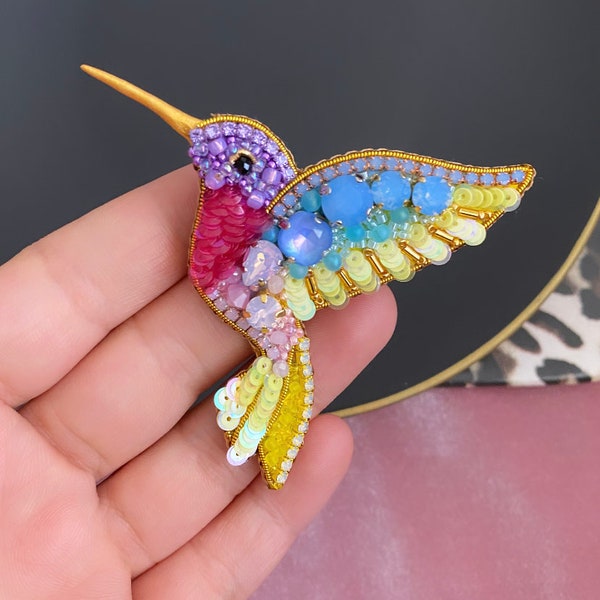 Colorful Hummingbird Brooch, Hummingbird Pin, Beaded Bird, Beaded Jewelry, Hummingbird Jewellry, Christmas Gift Pin, Hummingbird For Luck
