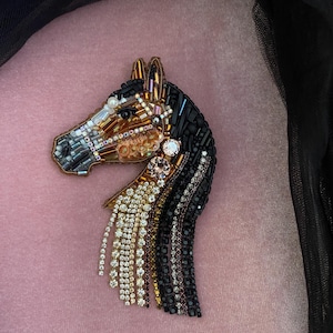 Beaded Horse Pin, Brown Horse Brooch, Crystal Lapel Pin, Horse Jewelry, Gift For Women, Horse Applique, Handcrafted Horse