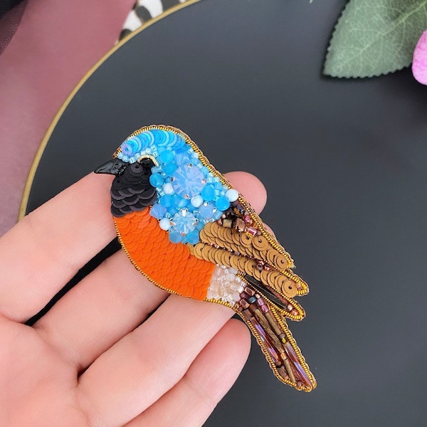 Embroidered Blue Bird, Sparrow Brooch, Unique Design Pin, Colorful Bird Jewelry, Gift For Woman, Robin Bird Jewellry, Handmade Brooch