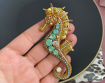 Handmade Seahorse Brooch, Embroidered Seahorse Pin, Beaded Brooch, Gift Sea Animal, Gold Seahorse Pin, Crafted Seahorse, Lapel Pin