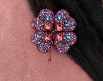 Handmade Clover Brooch, Cloverleaf’s Pin, Jewelry For Good Luck, Four Leaf Clover , Beaded Jewelry, Custom Made Jewel , Purple Clover Jewel