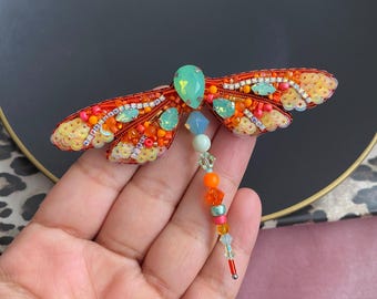 Handmade Beaded Dragonfly Brooch, Embroidered Insect Lapel Pin