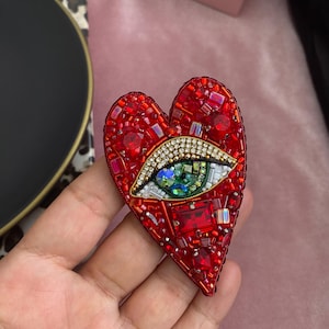 Handmade Rhinestone Evil Eye Brooch: Red Heart Pin