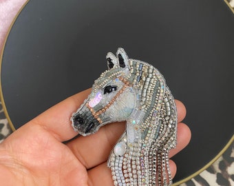 Beaded Horse Pin, White Horse Brooch, Crystal Lapel Pin, Horse Jewelry, Gift For Women, Horse Applique, Handcrafted Horse