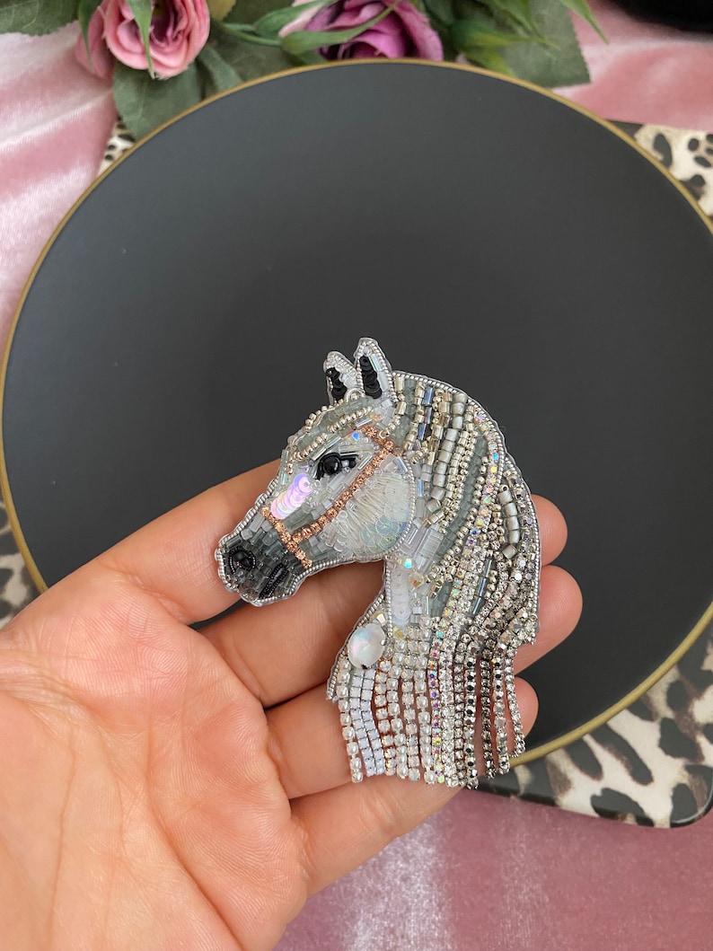 Beaded Horse Pin, White Horse Brooch, Crystal Lapel Pin, Horse Jewelry, Gift For Women, Horse Applique, Handcrafted Horse image 1