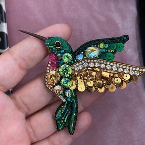 Handmade Hummingbird Brooch, Colorful Bird Jewelry, Customized Rhinestone Jewel, Gift For Girls, Embroidered Design Bird Pin, Gift For Mom