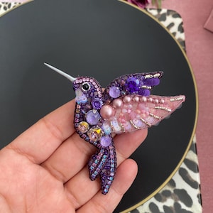 Handmade Beaded Hummingbird Brooch: Embroidered Bird Pin