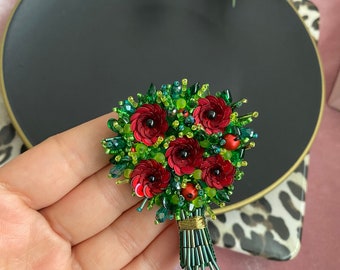 Handmade Bouquet Brooch, Red Poppy Flower Pin, Bouquet Jewelry, Bouquet Pin, Workmanship Brooch, Beaded Flower, Brooch Gift,Christmas Flower