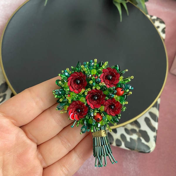 Handmade Bouquet Brooch, Red Poppy Flower Pin, Bouquet Jewelry, Bouquet Pin, Workmanship Brooch, Beaded Flower, Brooch Gift,Christmas Flower