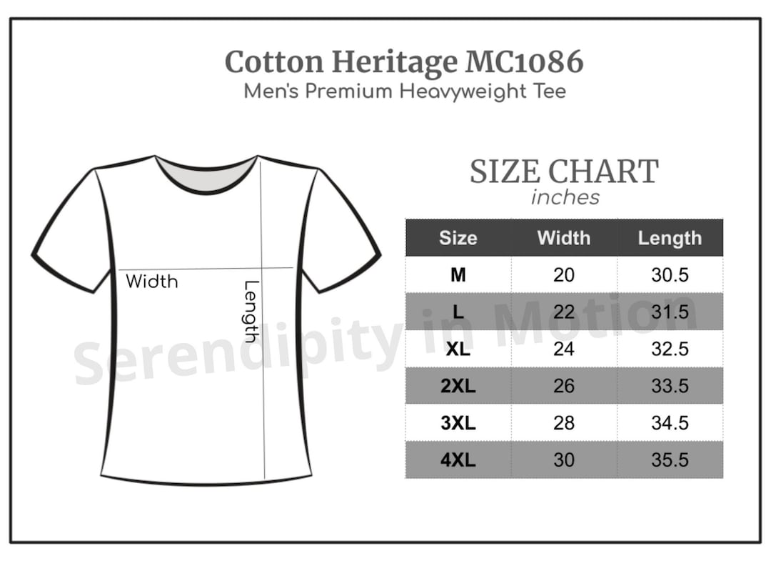 Size Chart, Cotton Heritage MC1086 Men's Heavyweight Tee, Inches