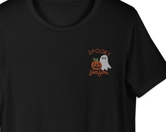 Embroidered Spooky Season Shirt Halloween Embroidered Crewneck T-Shirt Unisex Fall Shirt Cute Autumn Shirt Hand Embroidery Pumpkin Ghost
