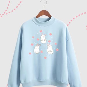 Bunny Sweatshirt Strawberry Kawaii Sweatshirt Harajuku Fashion Yami Kawaii Fairy Kei Hoodie Cutecore Pastel Blue Coquette Clothing
