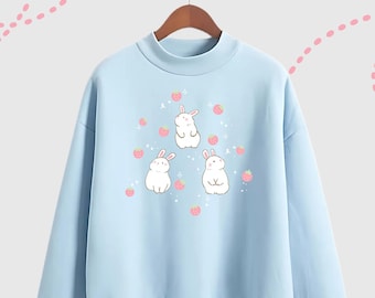 Bunny Sweatshirt Strawberry Kawaii Sweatshirt Harajuku Fashion Yami Kawaii Fairy Kei Hoodie Cutecore Pastel Blue Coquette Clothing