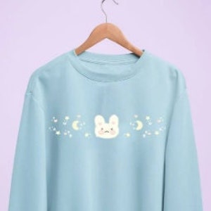 Yume Kawaii Bunny Moon Sweatshirt Pastel Blue Yume Kawaii Hoodie Harajuku Clothing Fairy Kei Sweater Pastel Goth Kawaii Girl Soft Aesthetic