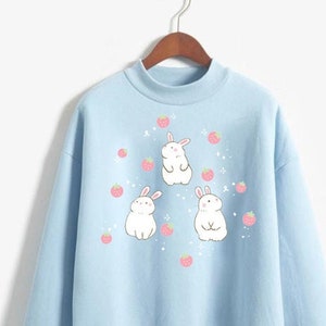 Strawberry Bunnies Sweatshirt Kawaii Bunny Sweater Harajuku Fashion Yami Kawaii Fairy Kei Hoodie Lolita Sweater Sweet Kawaii Aesthetic Top