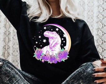 Kawaii T-Rex Sweatshirt Pastel Goth Clothing Vaporwave Aesthetic Hoodie Anime Sweater Harajuku Clothes Fairy Kei Sweatshirt Yami Kawaii Top