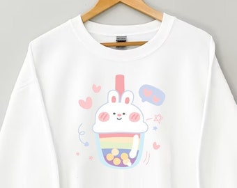 Sudadera Kawaii, sudadera de conejito arcoíris, suéter de conejito Boba, sudadera con capucha Pride Juice, jersey de anime, ropa Harajuku, top pastel gótico de hadas Kei