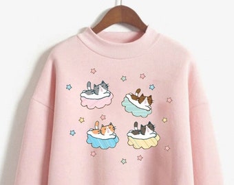 Marzycielski Kawaii Bluza Słodki Kot Bluza Harajuku Ubrania Pastelowy Różowy Sweter JFashion Fairy Kei Ubrania Anime Bluza Yume Kawaii