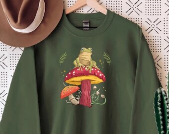 Frog Mushroom Sweatshirt Cottagecore Sweater Fall Sweatshirt Mushroom Hoodie Goblincore Clothing Frog and Toad Top Alt Clothing Frog Lover