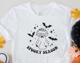 Camiseta fantasma de hongo, camiseta fantasma de temporada espeluznante, camiseta cottagecore, camiseta de temporada de otoño, camiseta espeluznante unisex, camiseta goblincore, linda camiseta de cuello redondo de Halloween