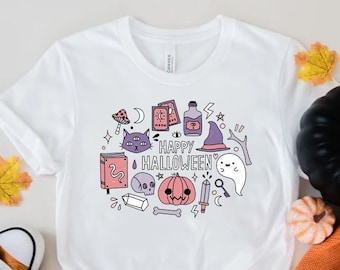 Kawaii Happy Halloween Shirt Pastel Goth Clothing Yami Kawaii T-Shirt Creepy Cute Harajuku Japanese Aesthetic Witchy Wicca Spooky Season Top