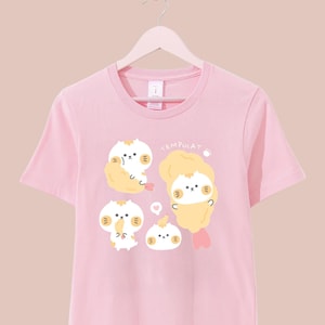 light pink tee shirt with a kawaii drawn cat design surrounded by tempura shrimp very kawaii and harjuku style