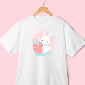 Strawberry Bunny Shirt | Spring Kawaii Clothing | Pastel Color Bella Canvas | Girls Spring Short Sleeve Shirt