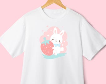 Camisa de conejito de fresa / Ropa kawaii de primavera / Lienzo Bella en colores pastel / Camisa de manga corta de primavera para niñas