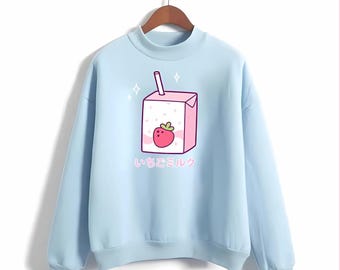 Strawberry Milk Sweatshirt Kawaii Milk Sweater Strawberry Kawaii Harajuku Hoodie Japanese Foodie Hoodie Anime Pullover Top Pastel Clothing