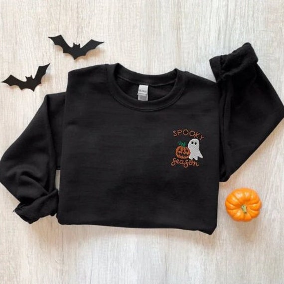 Embroidered Spooky Season Sweatshirt Halloween Embroidered Crewneck Sweater Unisex Fall Pullover Autumn Hoodie Hand Embroidery Pumpkin Ghost