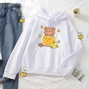 Kawaii Bear and Bees Hoodie - Sweet Honey Design Cute Bear Pullover Kawaii Hoodie Harajuku Fashion Cottagecore Sweater JFashion Teddy Bear