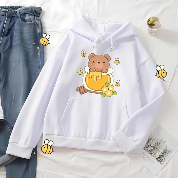 Kawaii Bear and Bees Hoodie - Sweet Honey Design Cute Bear Pullover Kawaii Hoodie Harajuku Fashion Cottagecore Sweater JFashion Teddy Bear
