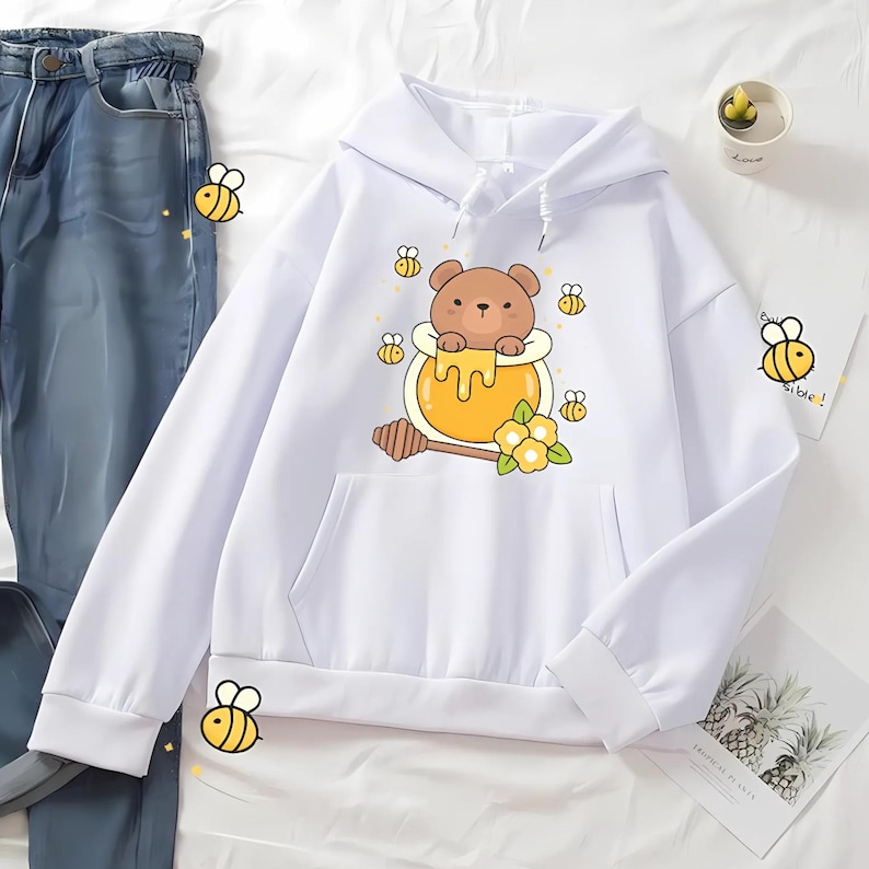 Kawaii Bear and Bees Hoodie - Sweet Honey Design Cute Bear Pullover Kawaii Hoodie Harajuku Fashion Cottagecore Sweater JFashion Teddy Bear