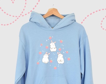Kawaii Bunny Hoodie Strawberry Kawaii Hoodie Harajuku Pullover Yume Kawaii Fairy Kei Clothing Coquette Hoodie Soft Girl Aesthetic Dollette