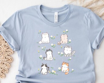 Kawaii Katzen Shirt Floral Katzen Shirt Harajuku Kleidung Yume Kawaii Kokette Kleidung Pastell Frühling Shirt Katzenliebhaber T-Shirt Cottagecore Shirt