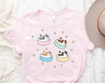 Kawaii Cat Clouds Shirt Fairy Kei Shirt Clouds Stars Yume Kawaii Clothing Dreamy Kawaii Harajuku Fashion Pastel Goth Soft Girl Fashion