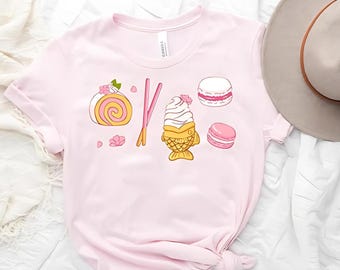 Maglietta con cibo giapponese / Maglietta Taiyaki / Anime Foodie / Moda Kawaii / Maglietta Harajuku / Maglietta Pocky / Girocollo rosa Kawaii / Sakura /