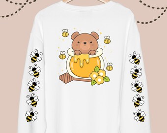 Kawaii Bear Printed Sleeves Sweatshirt | Oversized Sweatshirt | Cottagecore Crewneck Pullover