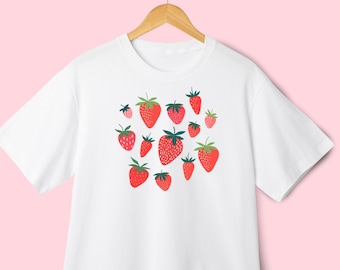Erdbeer-Shirt Erdbeer-Kleidung Erdbeer-Top Garten-Shirt Boho Ästhetische Kleidung Cottagecore Kleidung Botanisches Shirt Erdbeer-Druck