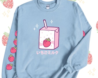 Strawberry Milk Sweatshirt with Sleeves Kawaii Strawberry Sweater Harajuku Hoodie Kawaii Pastel Clothing Lolita Fashion JFashion Yume Kawaii