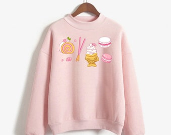 Strawberry Kawaii Sweatshirt Japanese Food Hoodie Kawaii Pastel Clothing Pocky Taiyaki Asian Snacks Shirt Anime Lover Hoodie Lolita Sweater