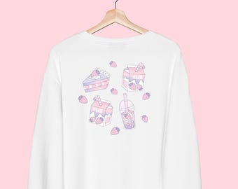 Sudadera de postre de fresa, suéter kawaii, ropa japonesa de comida Yume Kawaii, sudadera de vaporwave, ropa suave y coqueta para niña.