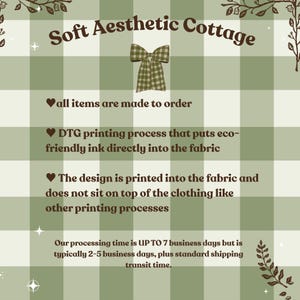 May include: A green and white checkered background with brown text that reads "Soft Aesthetic Cottage". The text is surrounded by brown floral illustrations. The text "all items are made to order" is also included.