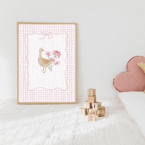 Vintage Goose Nursery Print Pink Gingham Floral Nursery Decor Girls Room Art Nursery Wall Art Girl Baby Animal Prints Cottagecore Decor