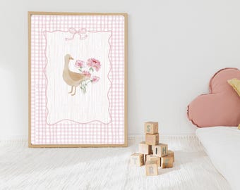 Lámina de ganso vintage para guardería, decoración floral de cuadros vichy rosas, arte para habitación de niñas, arte de pared para guardería, estampados de animales para bebés, decoración cottagecore