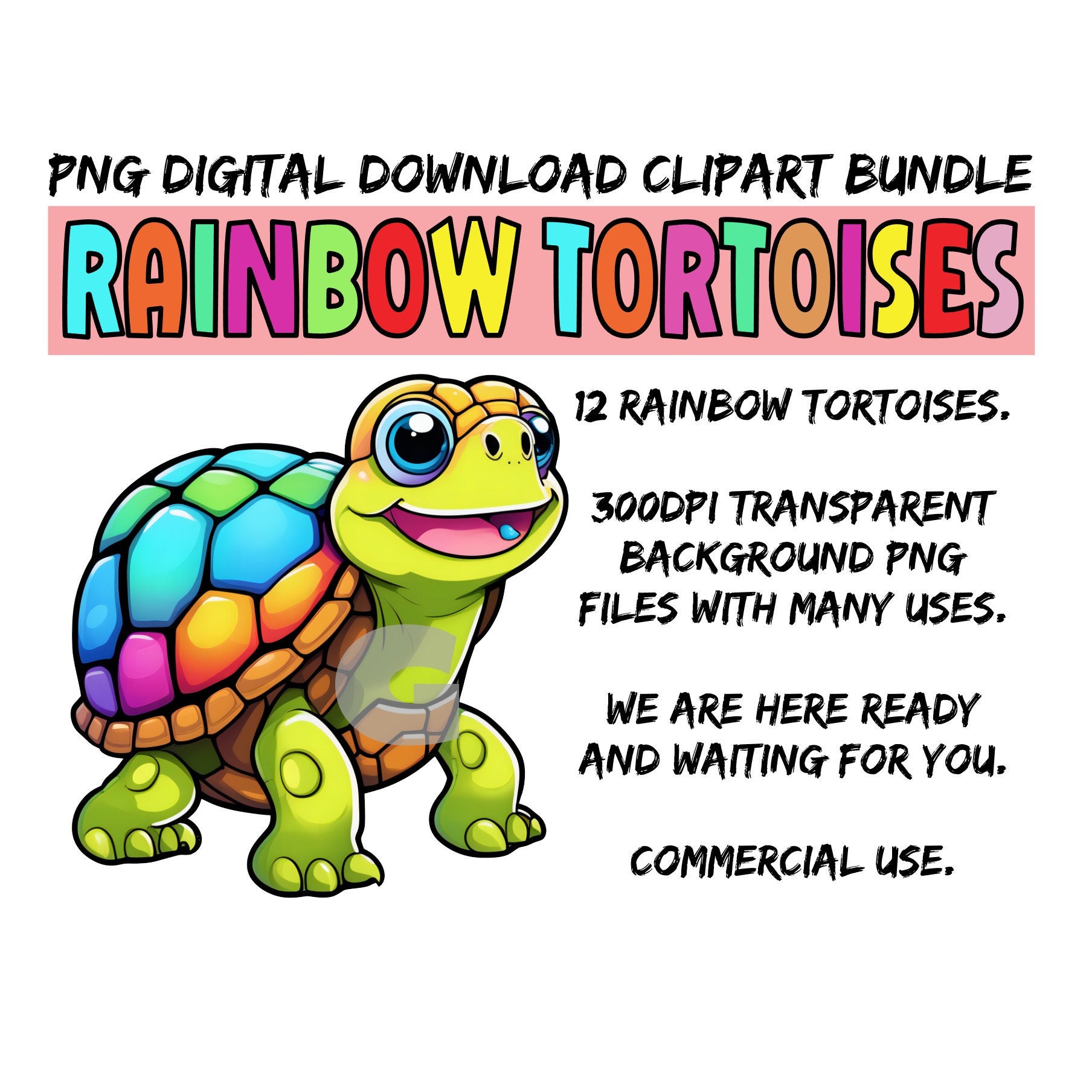 Cute Tortoises Printable Clipart Bundle. PNG Files. Funstyle Rainbow
