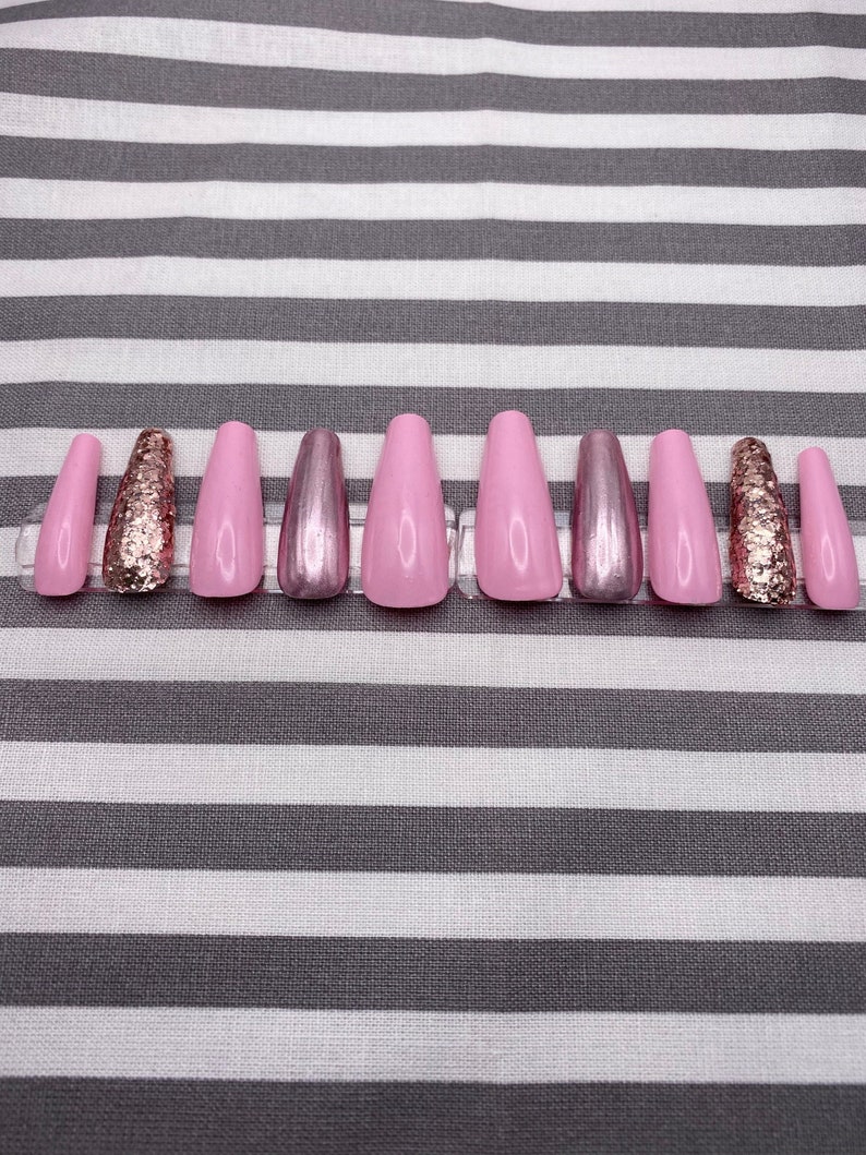 Long Coffin Pink Chrome Rose Gold Glitter Presson Nails Etsy